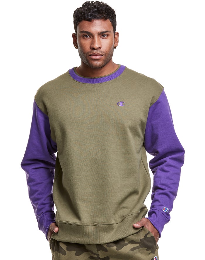 Champion Herre Sweatshirt Olivengrøn/Lilla - Powerblend Fleece Crew Double Collar Crew Embroidered C